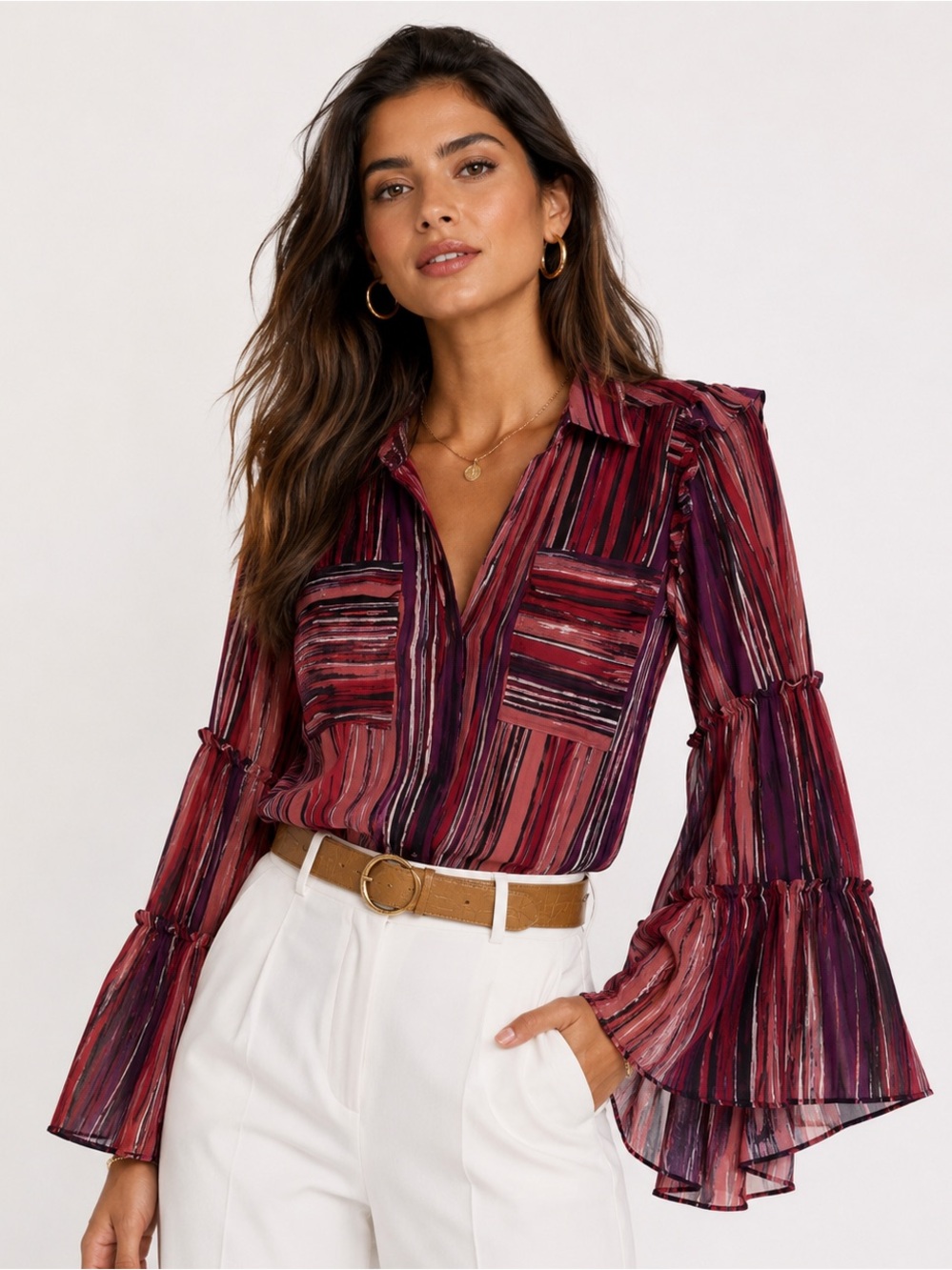 MISA Los Angeles Striped Ruffle Sleeve Blouse